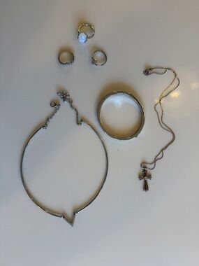 Silver-Tone Jewelry lot! Necklace, Bangle, Cross Pendant & Rings Set